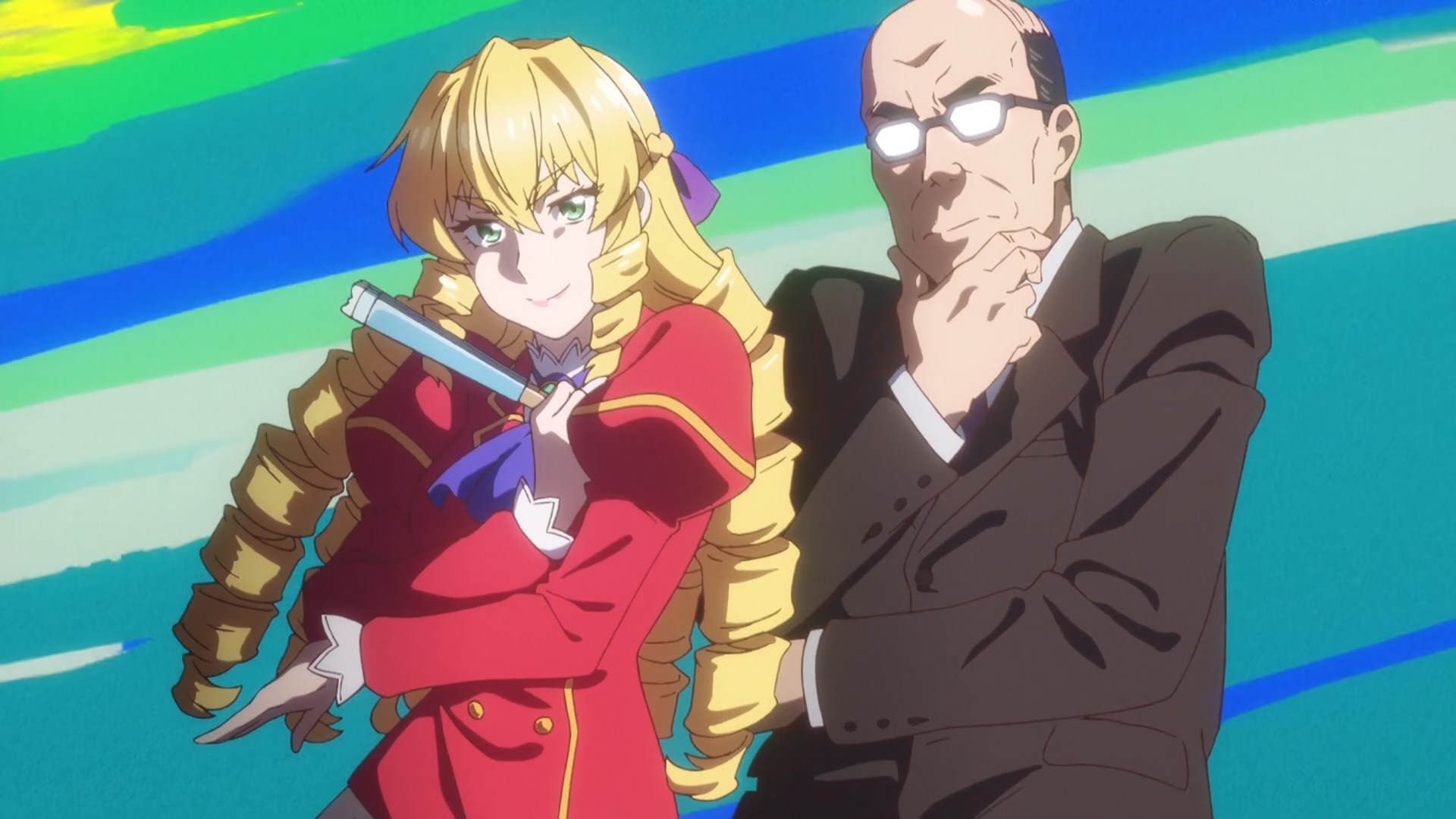 Grace holding her fan and looking smug while Kenzaburou looks equally smug in the background.